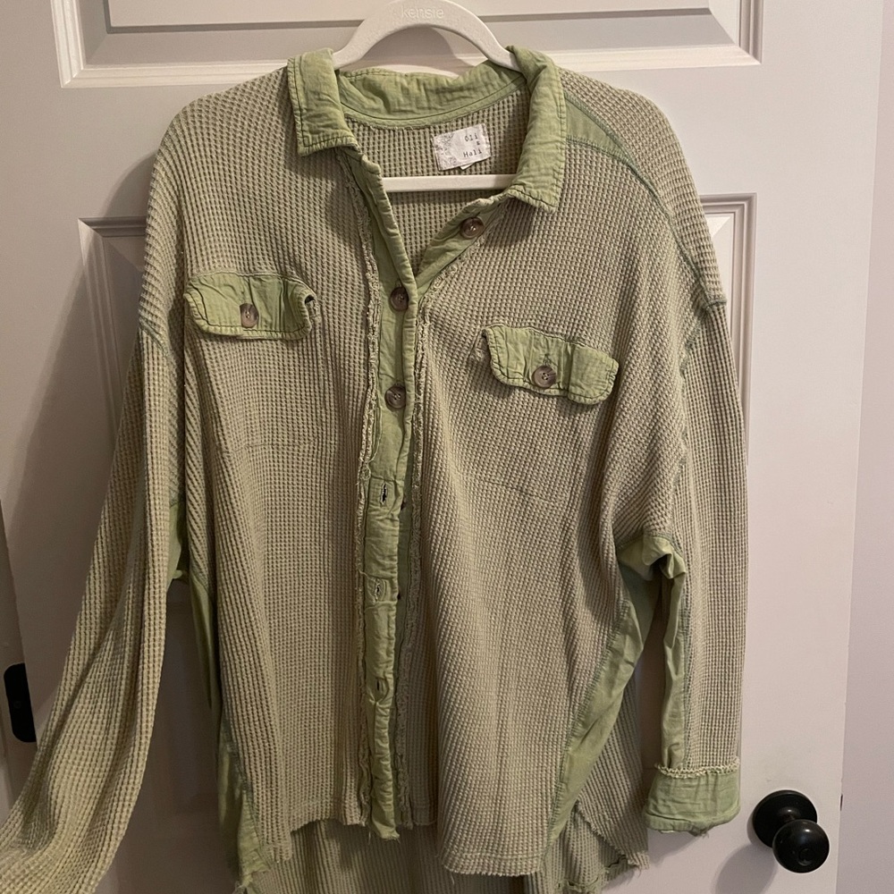 Green Button-Up Waffle Knit Top